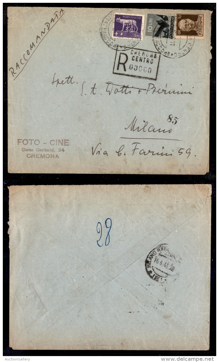 1946 (14 Giugno) - Raccomandata Da Cremona A Milano Con Affrancatura Mista - 3,70 Lire Imperiale (256A) +... - Sonstige & Ohne Zuordnung