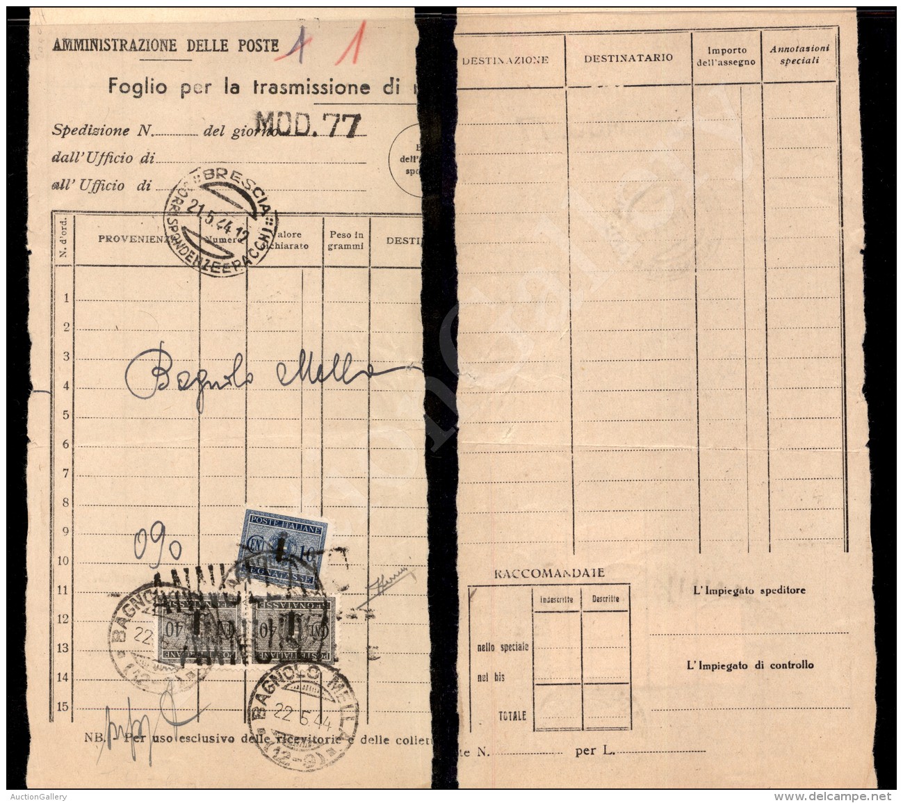 Segnatasse - 10 Cent (61) + Coppia Del 40 Cent (65) Su Modulo 77 Da Brescia Del 21.5.44 - Cert. Sorani - Other & Unclassified