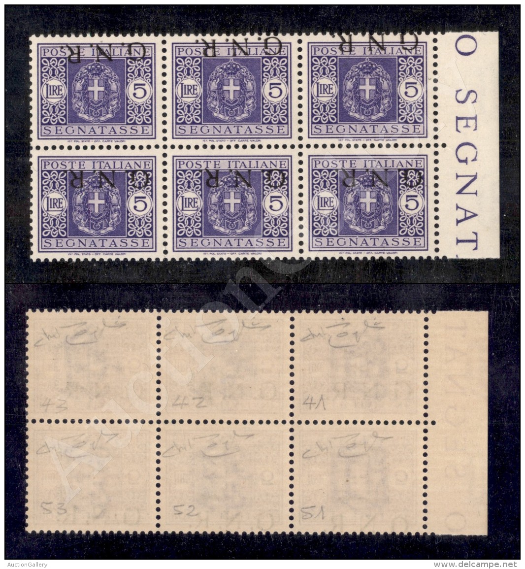 1943 - Blocco Di Sei Del 5 Lire GNR (57/Icb - Segnatasse) Con Soprastampe Oblique Sui Tre Pezzi Inferiori Nuovo Con... - Other & Unclassified