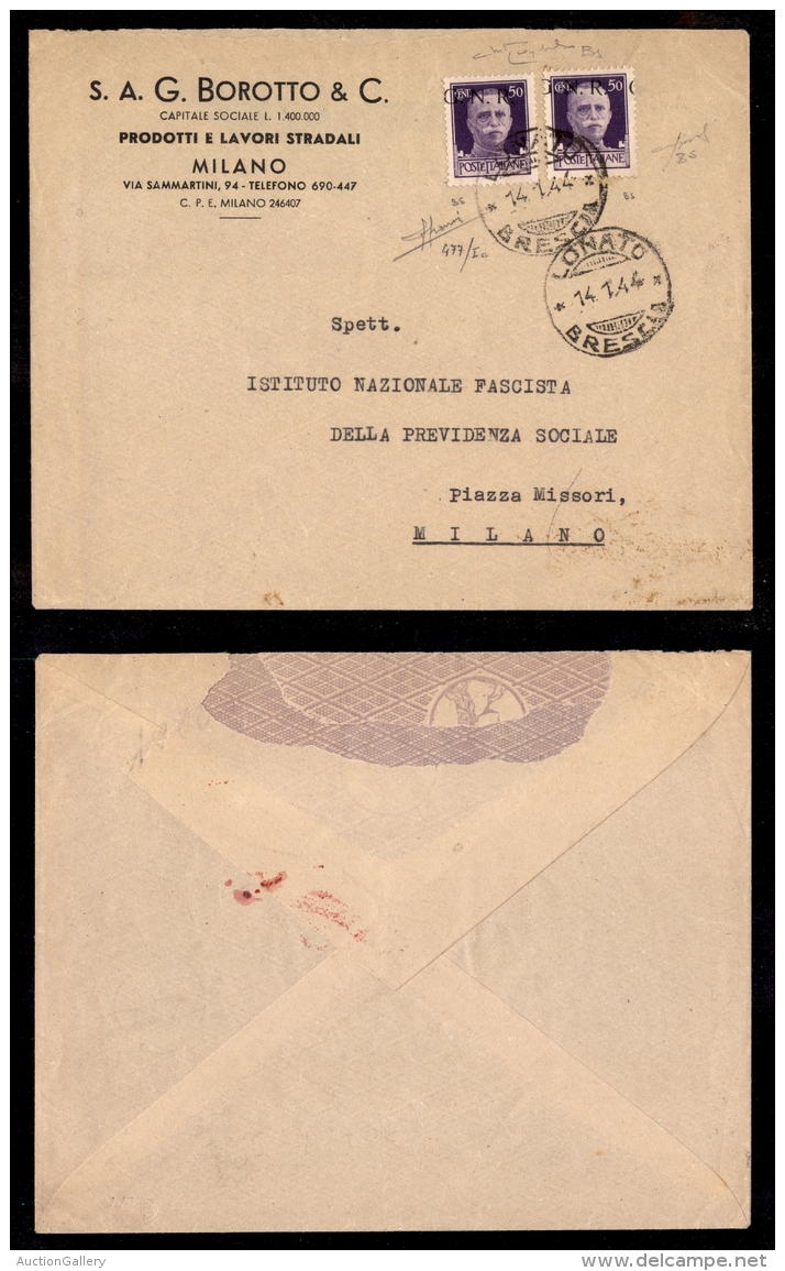 Due 50 Cent GNR (477/Ia) Con Soprastampe Oblique (spostate In Alto) Su Busta Da Lonato A Milano Del 14.1.44 -... - Sonstige & Ohne Zuordnung