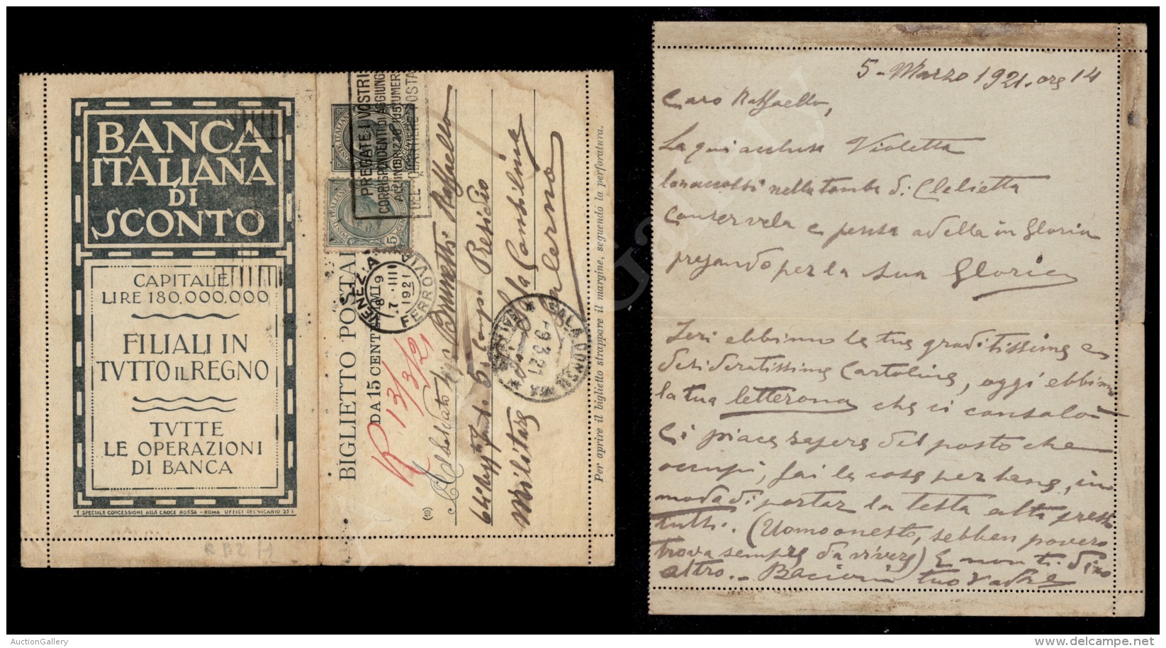 15 Cent (1) Banca Di Sconto - Biglietto Postale Da Venezia A Palermo Del 7.3.21 (300) - Sonstige & Ohne Zuordnung