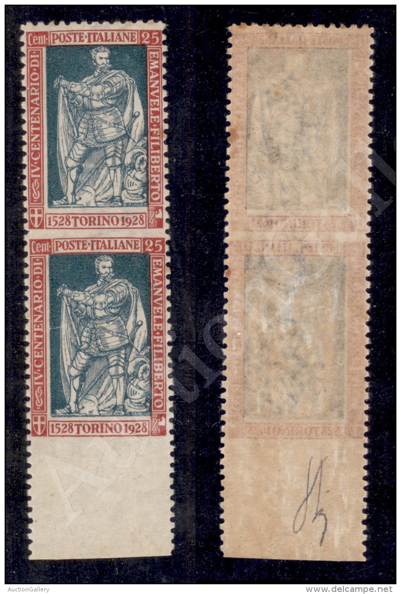1928 - Coppia Del 25 Cent Filiberto (227o - Non Dentellata Al Centro E In Basso) Nuova Con Gomma Integra (1.200) - Other & Unclassified