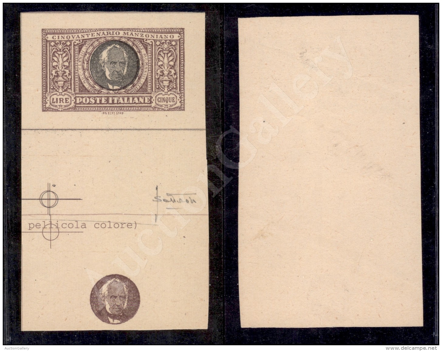 1923 - Prova Di Stampa - 5 Lire Manzoni (156) - Centro Ripetuto In Basso In Violetto - Cert. Sottoriva - Sonstige & Ohne Zuordnung