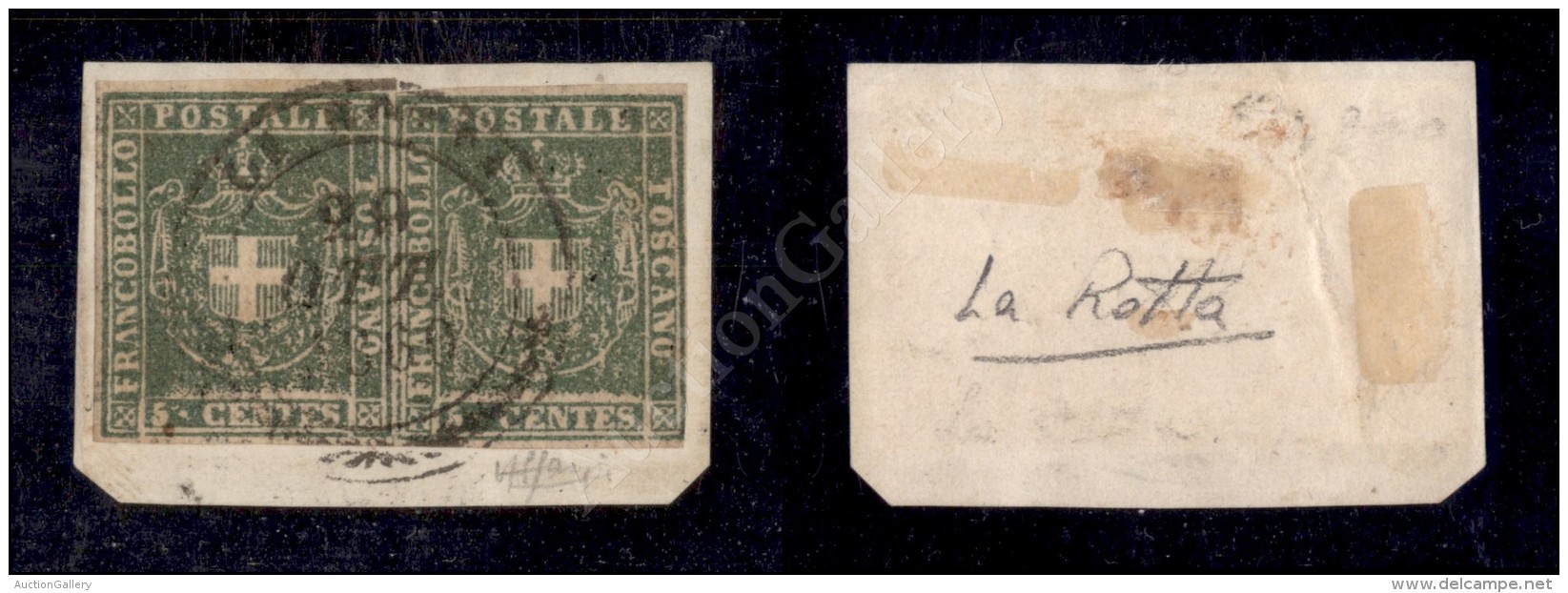 1860 - Coppia Orizzontale Del 5 Cent Verde Oliva (18a) Su Frammento Da La Rotta (punti 12) - Ottimi Margini - Molto... - Other & Unclassified
