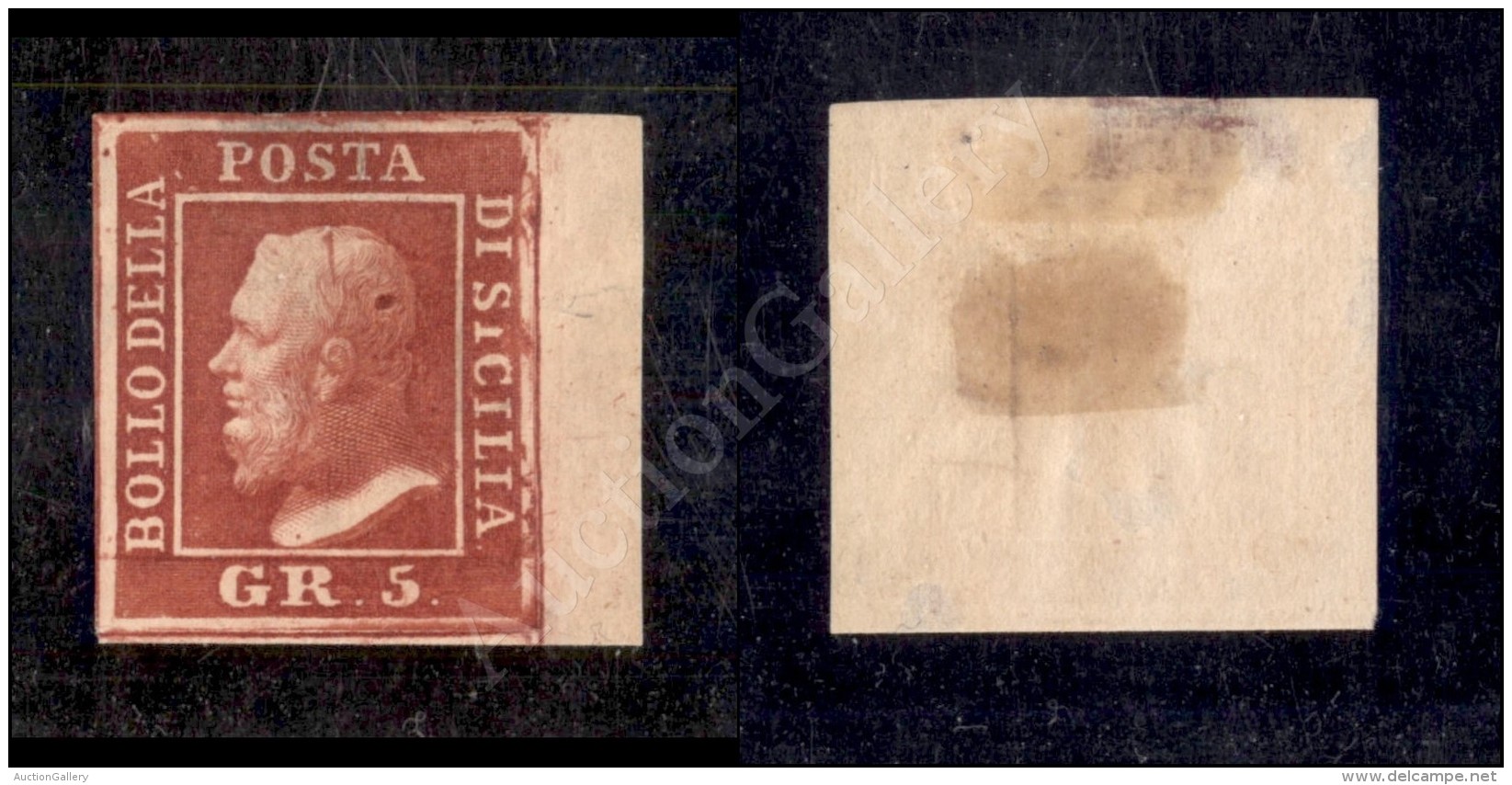 1859 - 5 Grana Rosso Sangue (9c) Con Grandi Margini E Bordo Foglio - Tratto E Macchia Di Colore Sulla Capigliatura... - Other & Unclassified