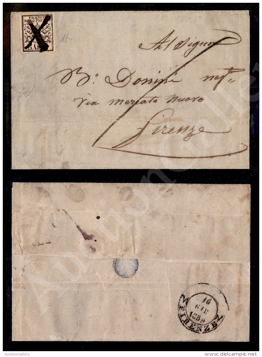 5 Bai Rosa Vinaceo (6A - Pontificio) Annullato A Penna Su Lettera Da Bologna Per Firenze Del 15 Giugno 1859 - Cert.... - Other & Unclassified