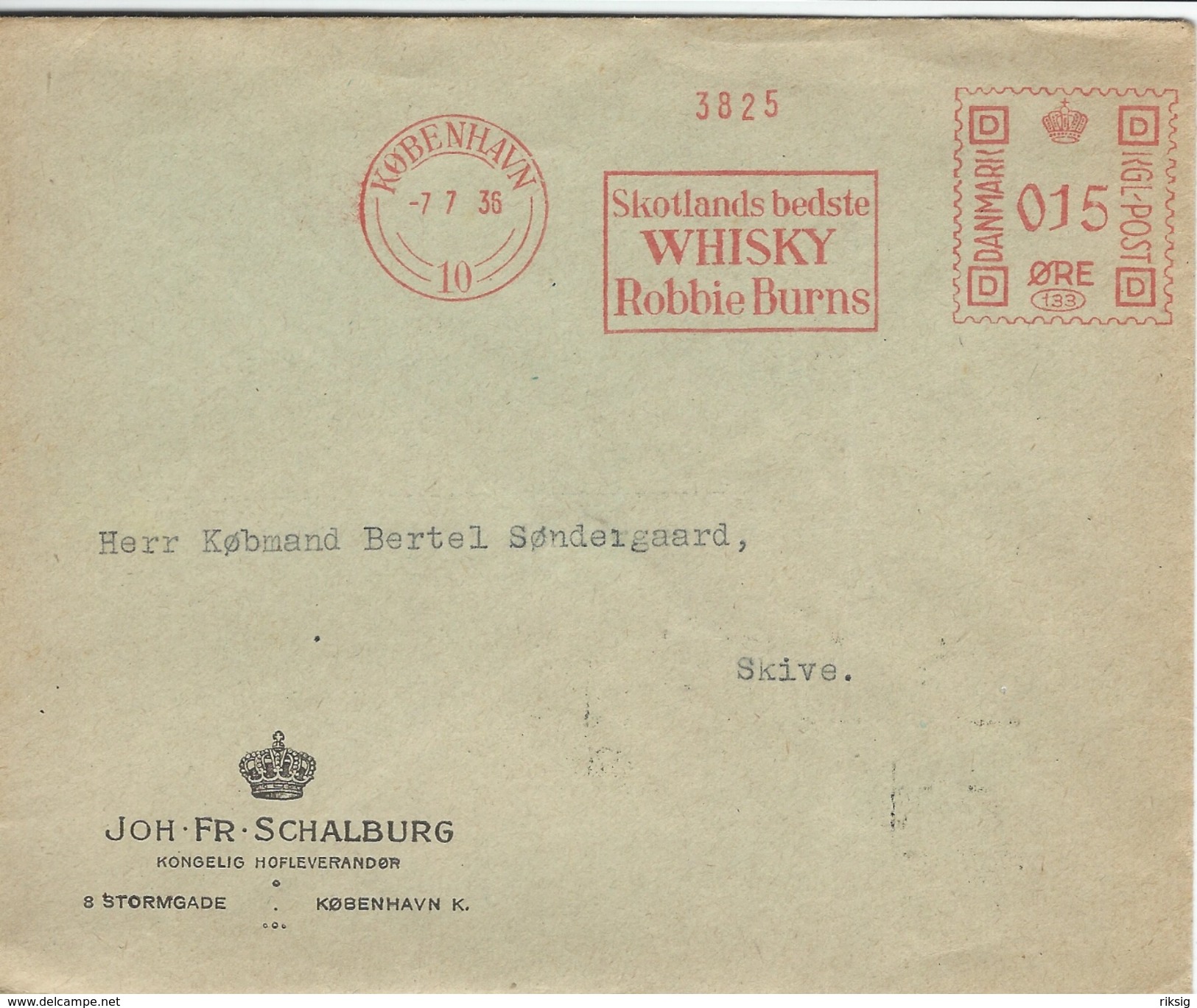 Postmark Robbie Burns-Whisky Advertising. Denmark 1936.  H-163 - Wines & Alcohols