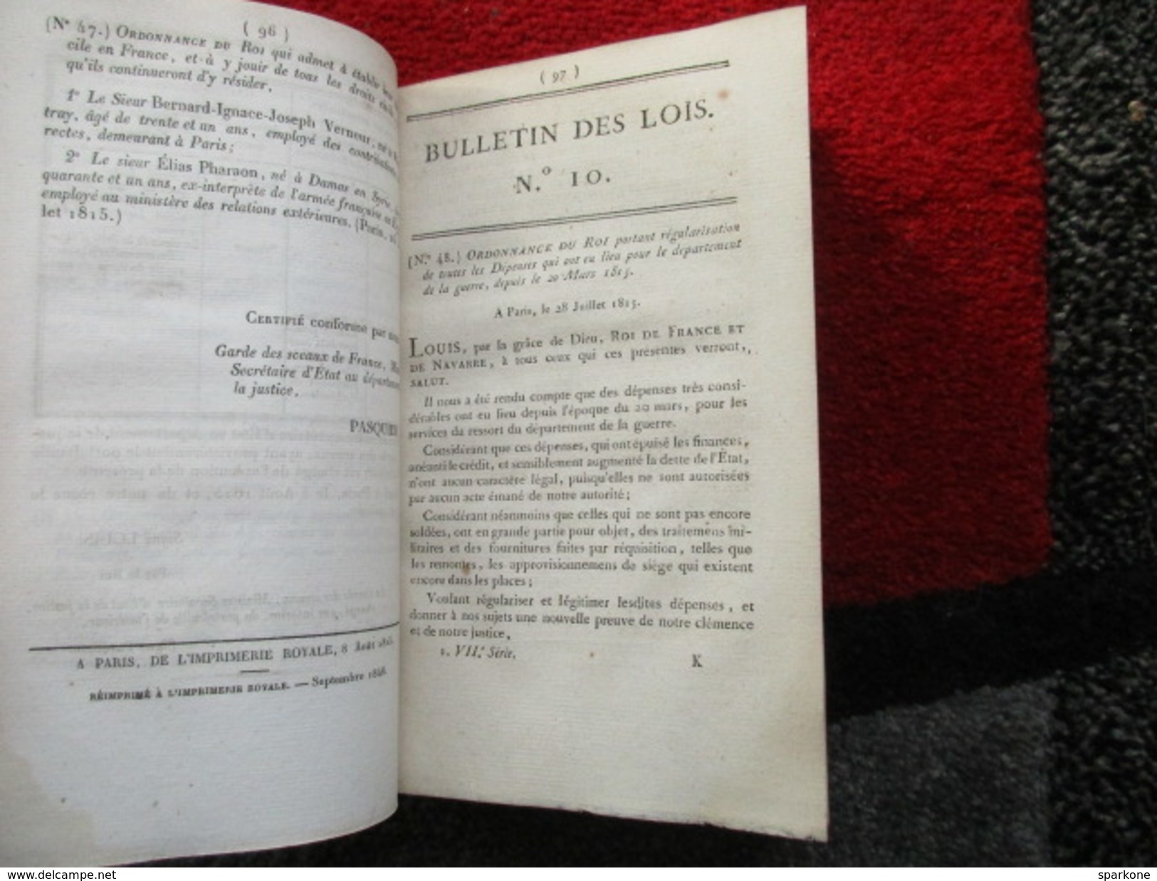Bulletin des Lois du Royaume de Français "7° Série" Deuxième Semestre 1815 (1 à 55)  de 1862