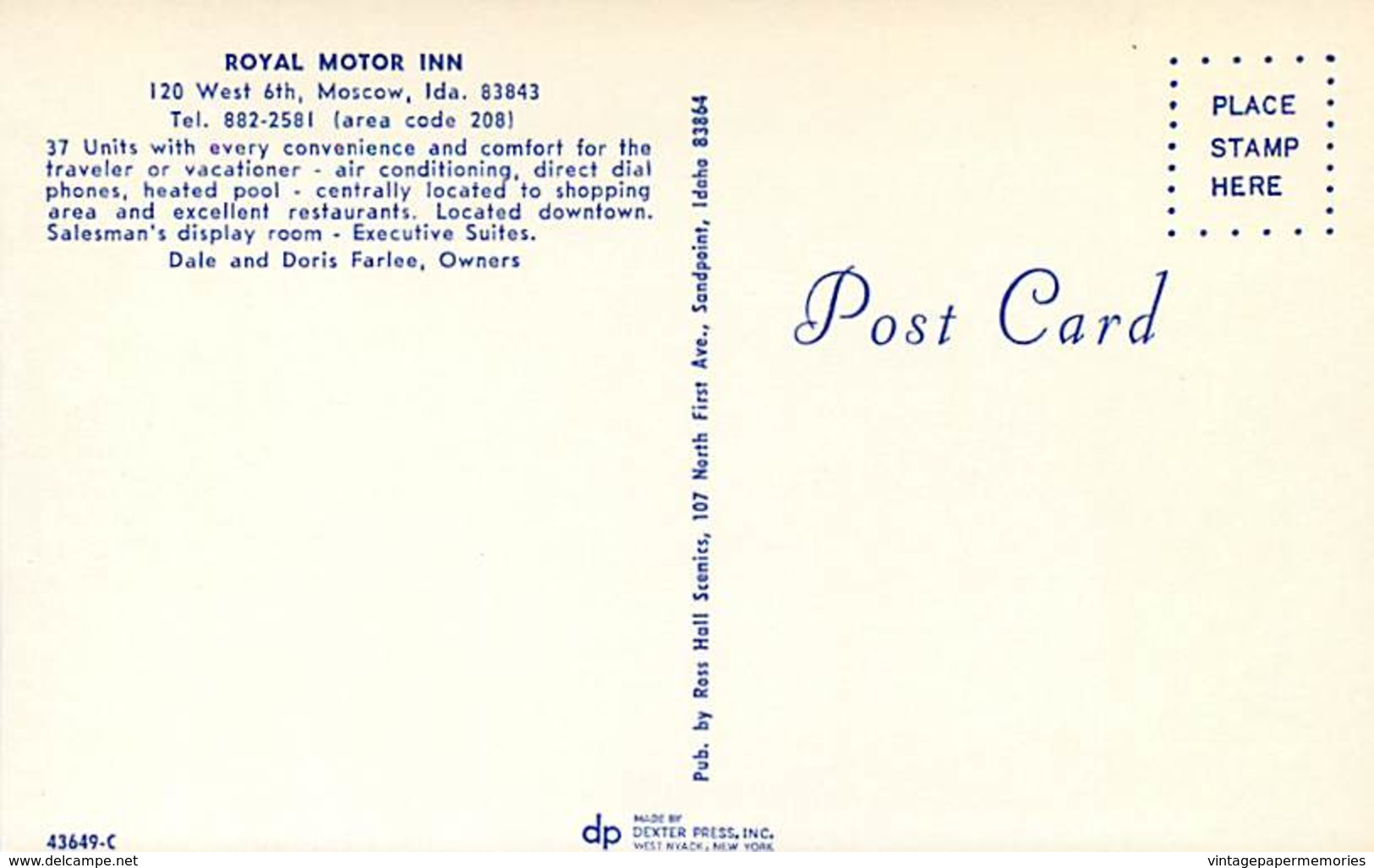 259285-Idaho, Moscow, Royal Motor Inn At Night, Ross Hall Scenics By Dexter Press No 43649-C - Andere & Zonder Classificatie