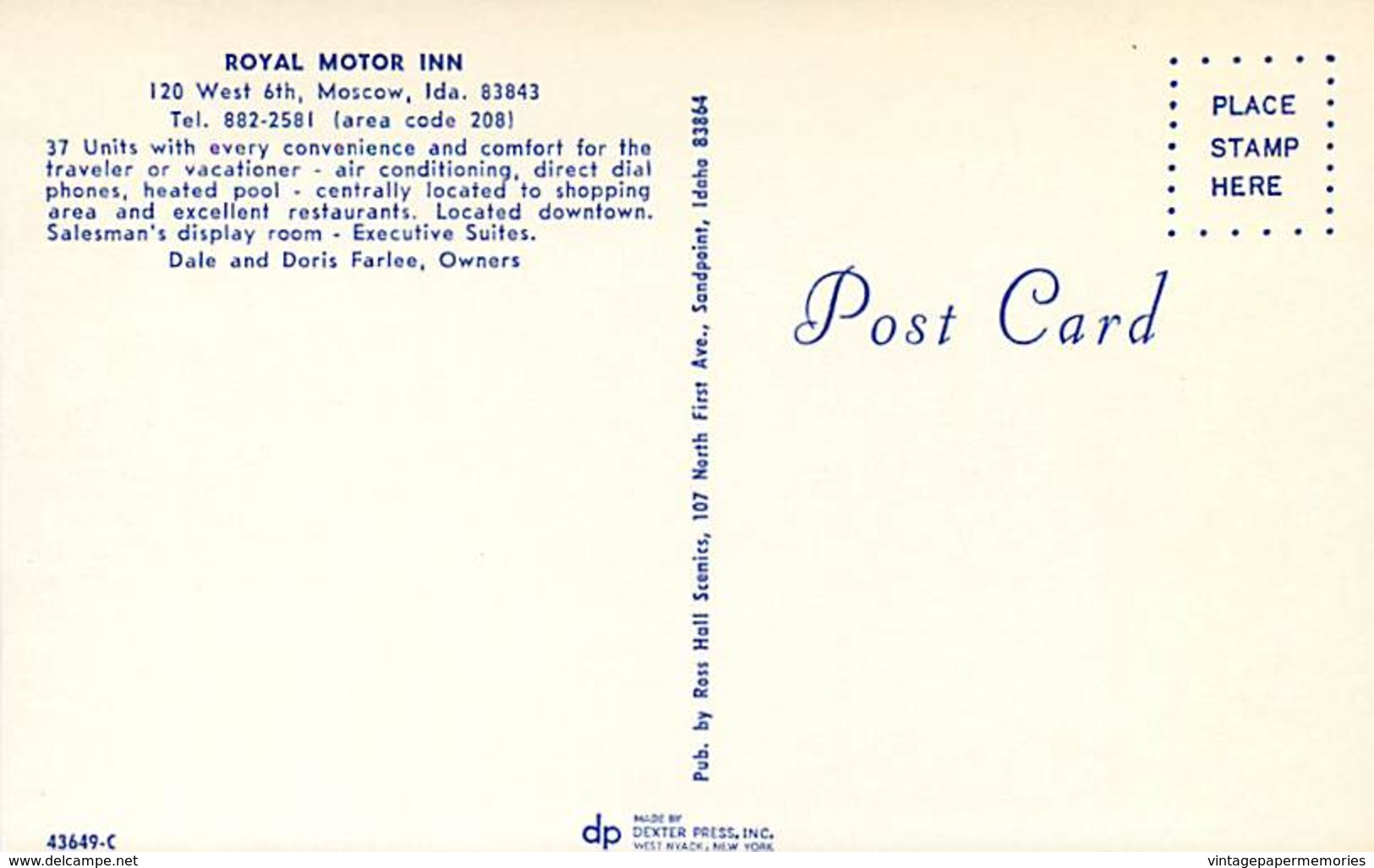 259285-Idaho, Moscow, Royal Motor Inn At Night, Ross Hall Scenics By Dexter Press No 43649-C - Other & Unclassified