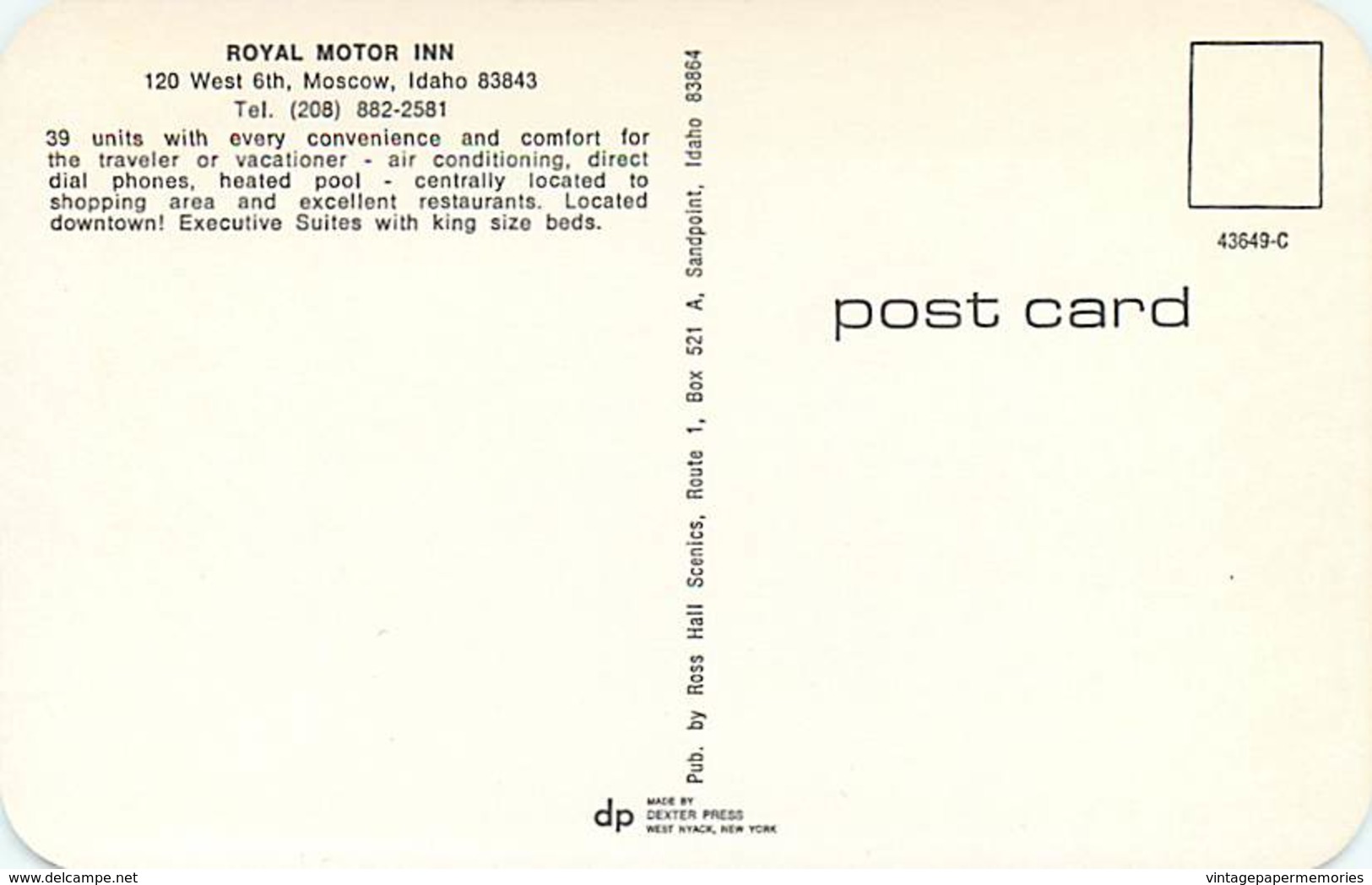 259281-Idaho, Moscow, Royal Motor Inn At Night, Ross Hall Scenics By Dexter Press No 43649-C - Andere & Zonder Classificatie