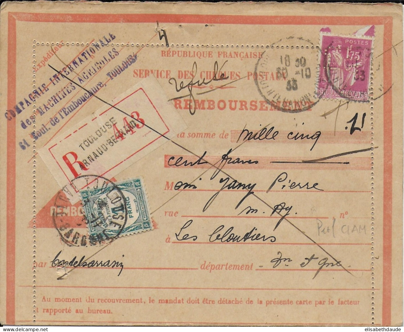 1935 - PAIX PERFORE "CIMA" Sur CARTE RECO CONTRE REMBOURSEMENT De TOULOUSE Avec TAXE ! => CASTELSARRASIN - Cartas & Documentos