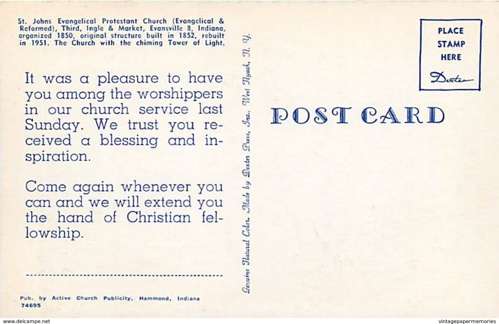 259379-Indiana, Evansville, St Johns Evangelical Protestant Church, Active Church Publicity By Dexter Press No 74695 - Evansville