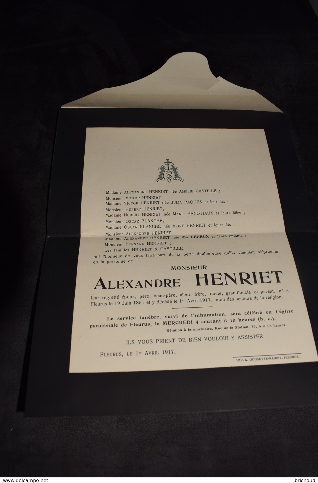 Avis Alexandre Henriet Né à Fleurus 19 Juin 1851 Y Décédé 1 Avril 1917 - Obituary Notices