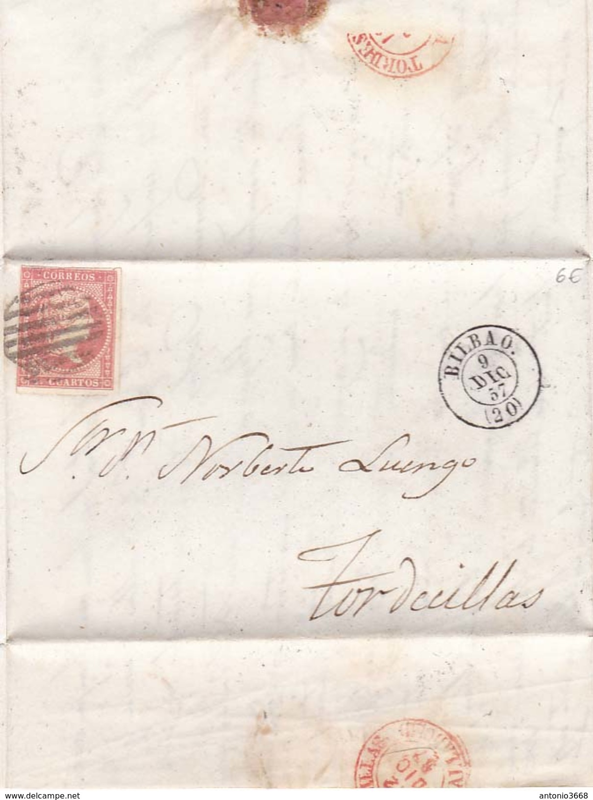 Año 1856 Edifil 48 4c Sello Isabel II Carta Matasellos Rejilla Y  Bilbao - Cartas & Documentos