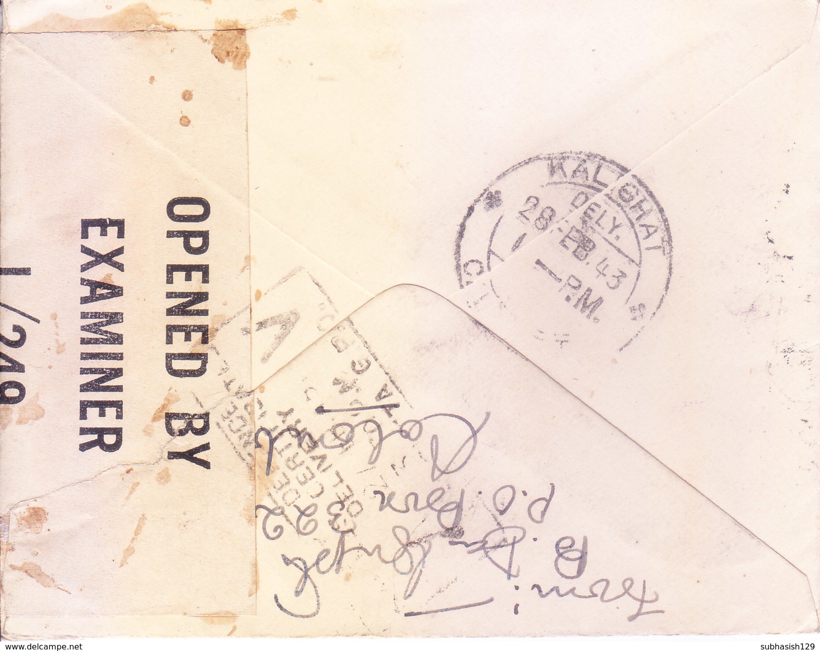 BRITIS CEYLON / SRILANKA 1943 CENSOR COVER POSTED FROM COLOMBO FOR CALCUTTA - Ceylon (...-1947)