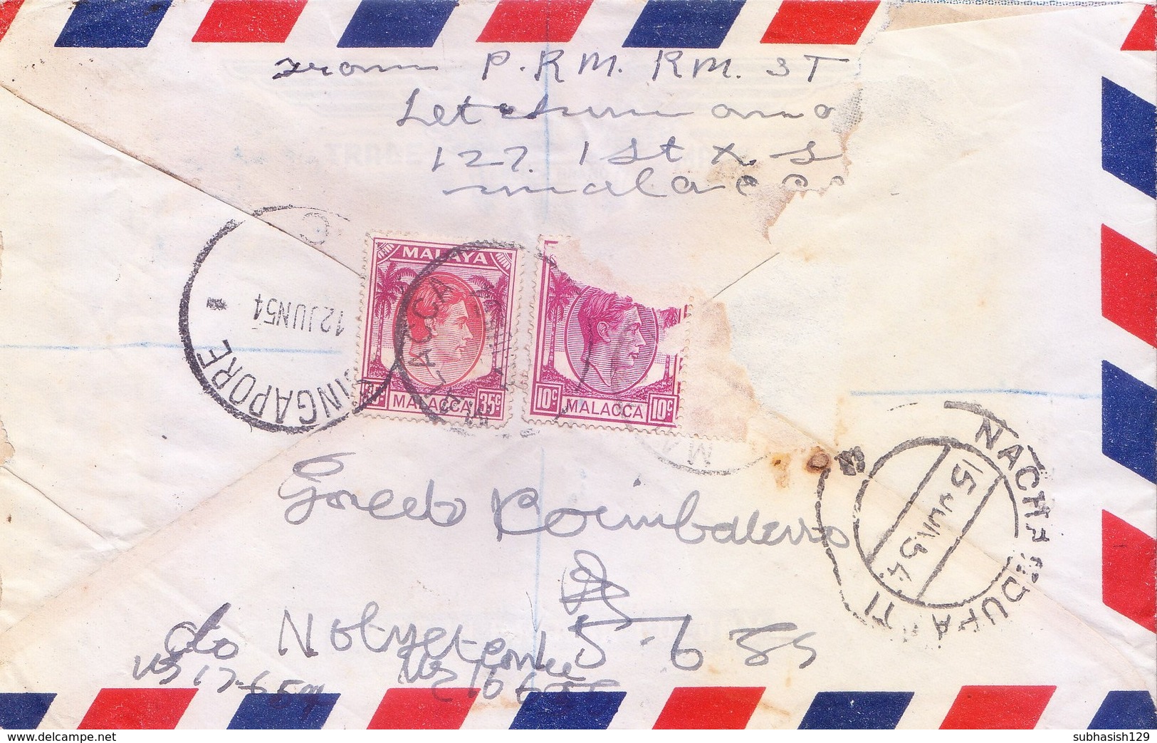 BRITISH MALAYA, MALACCA 1954 COMMERCIAL COVER POSTED FROM MALACCA FOR NACHANDUPATTI, SOUTH INDIA VIA SINGAPORE - Malayan Postal Union