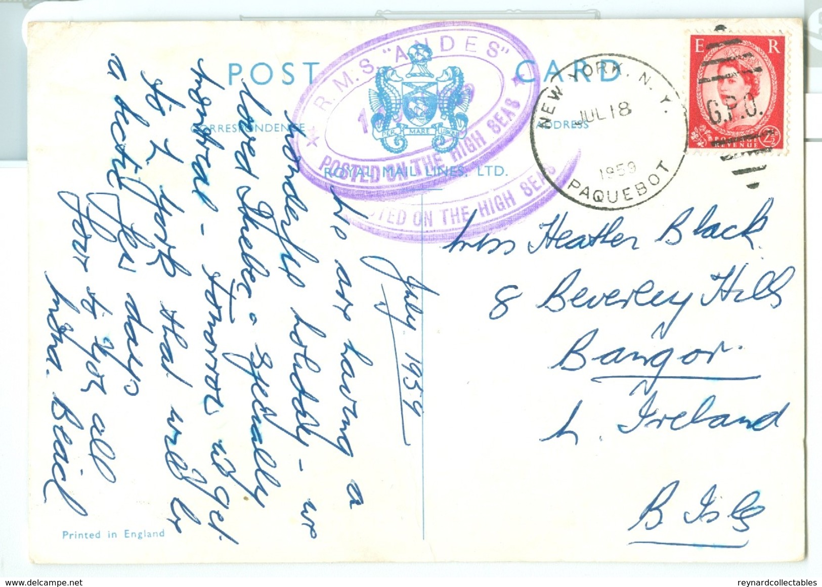 1959 GB RMS Andes Colour Pc To N.Ireland. New York Paquebot & RMS Andes "Posted On The High Seas" Postmarks - Poststempel
