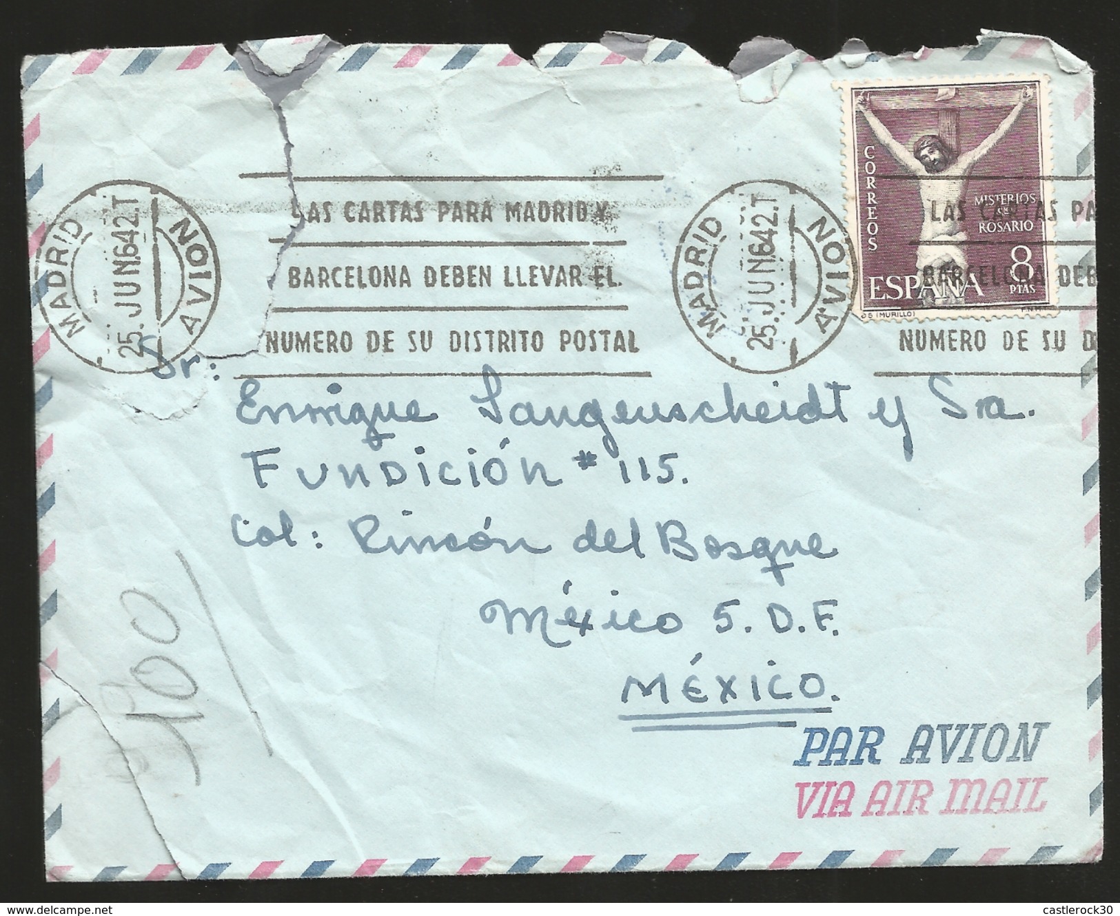 J) 1964 SPAIN, ROSARY MISTERIES, WITH SLOGAN CANCELLATION, AIRMAIL, CIRCULATED COVER, FROM MADRID TO MEXICO - Oblitérés