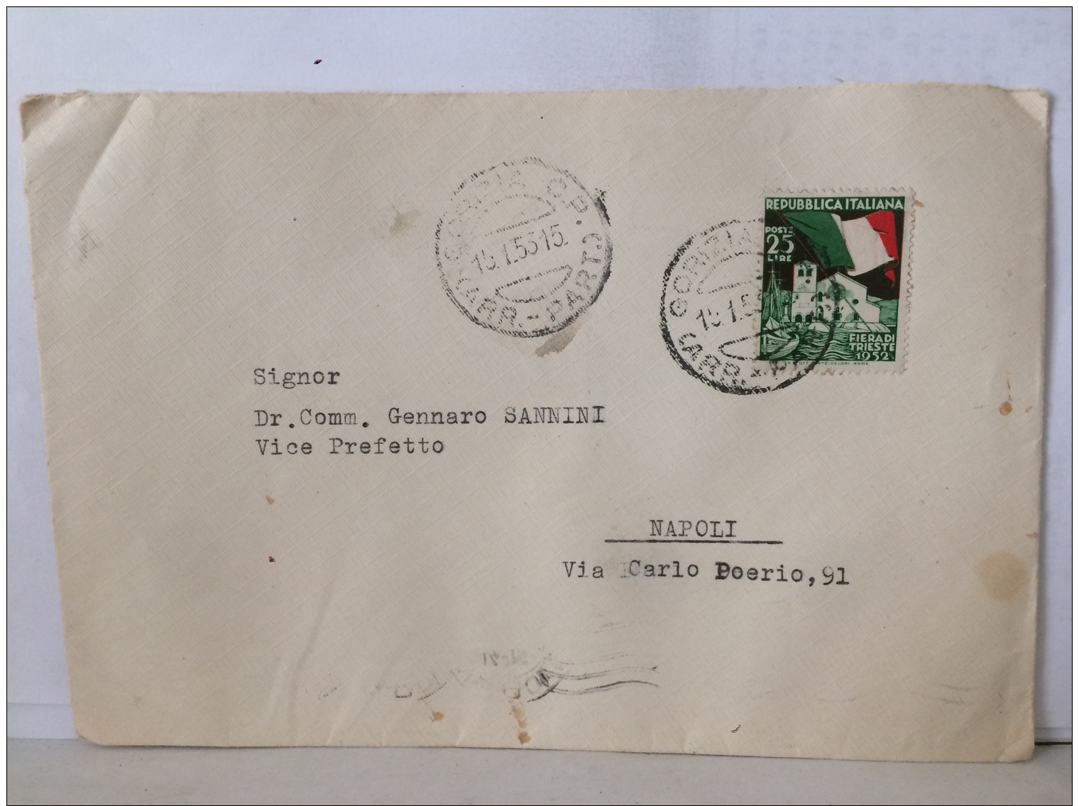 FAO,COLLEZIONE,STORIA POSTALE,LETTERA,ITALIA,REPUBBLICA,PUBBLICITARIA,VIAGG.25LIRE,VICE PREFETTO DA CARRARA A NAPOLI - 1946-60: Storia Postale