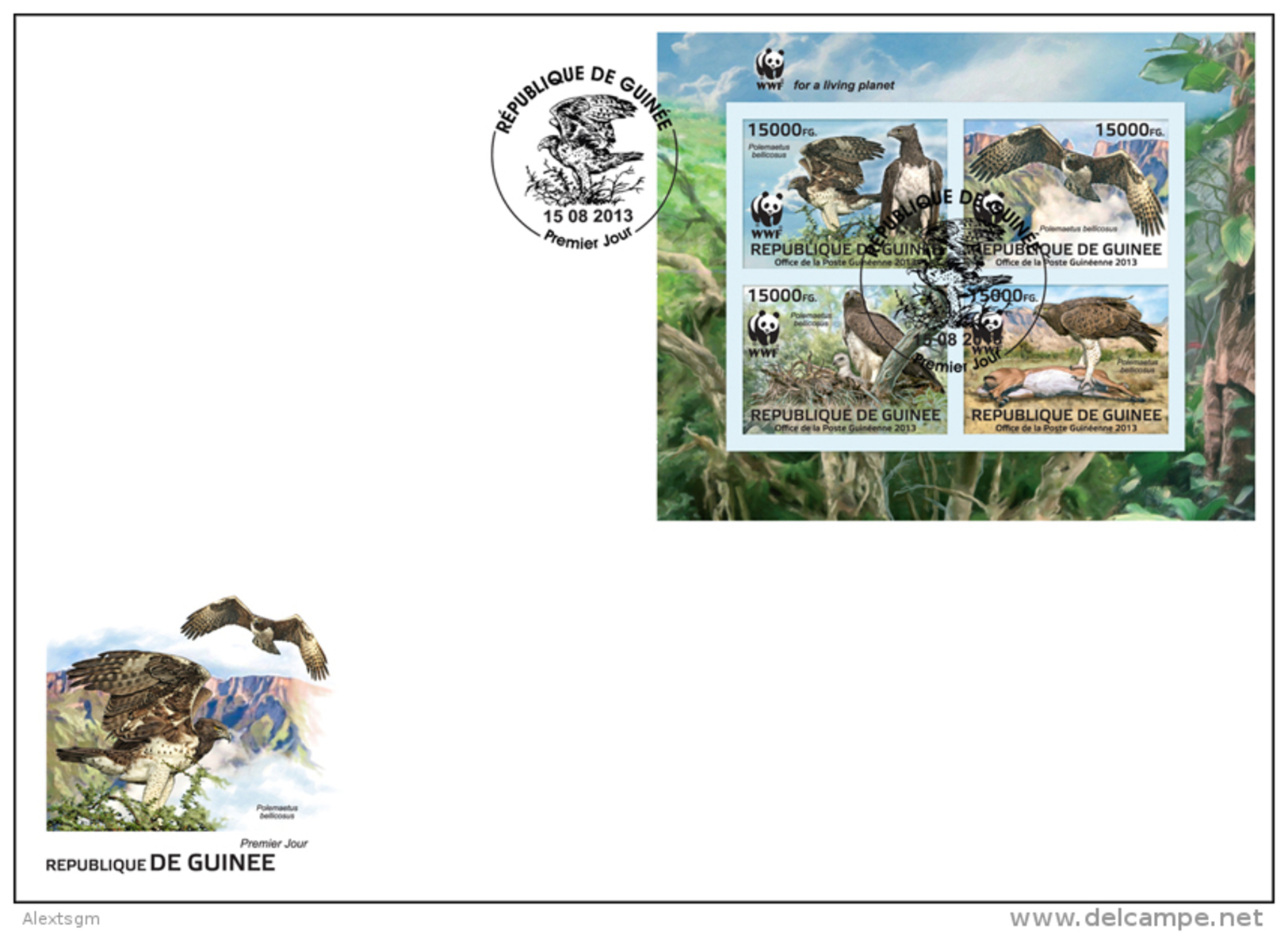 IMPERFORATED Guinea 2013 - WWF. Eagle. FDC - YT 6856-9, Mi 9865-8 - FDC