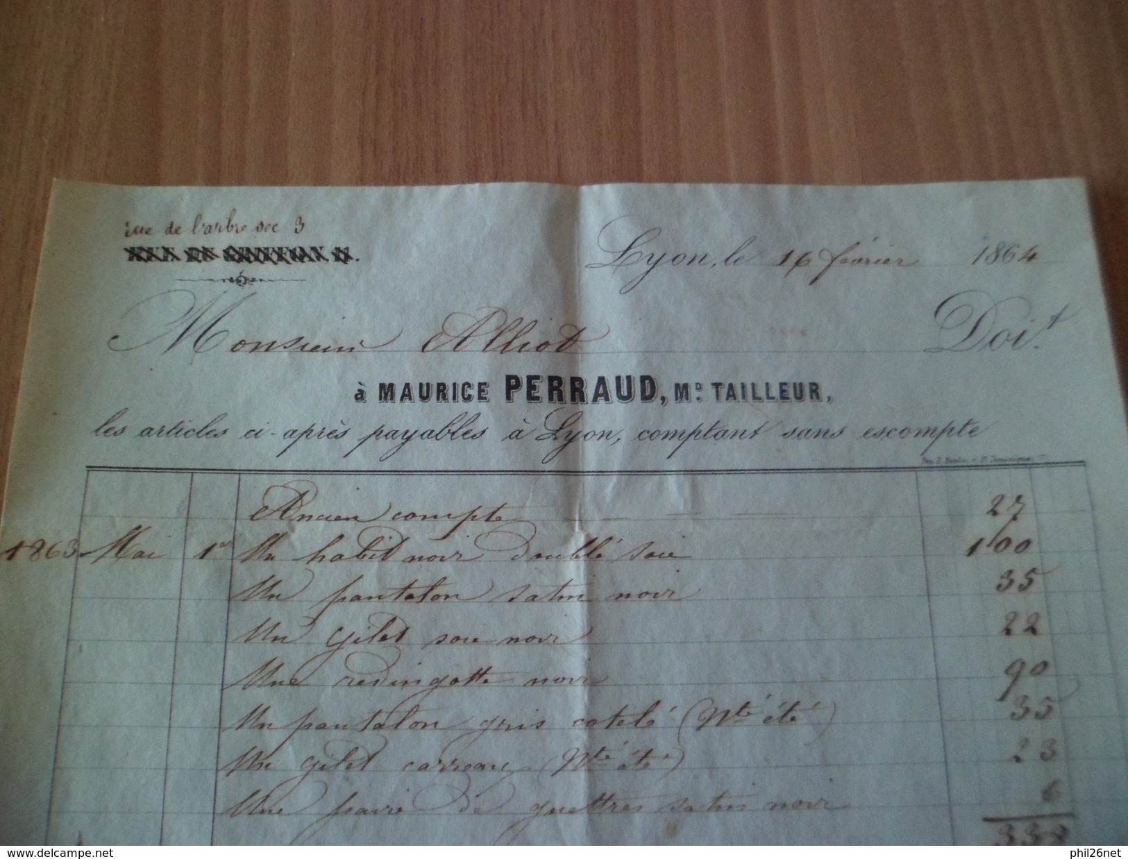 Facture De Costume Et Habits Divers à Payer Comptant Et Sans Escompte Pour 338 Francs=  680 Euros 16 Février 1864 + B/TB - Textile & Clothing