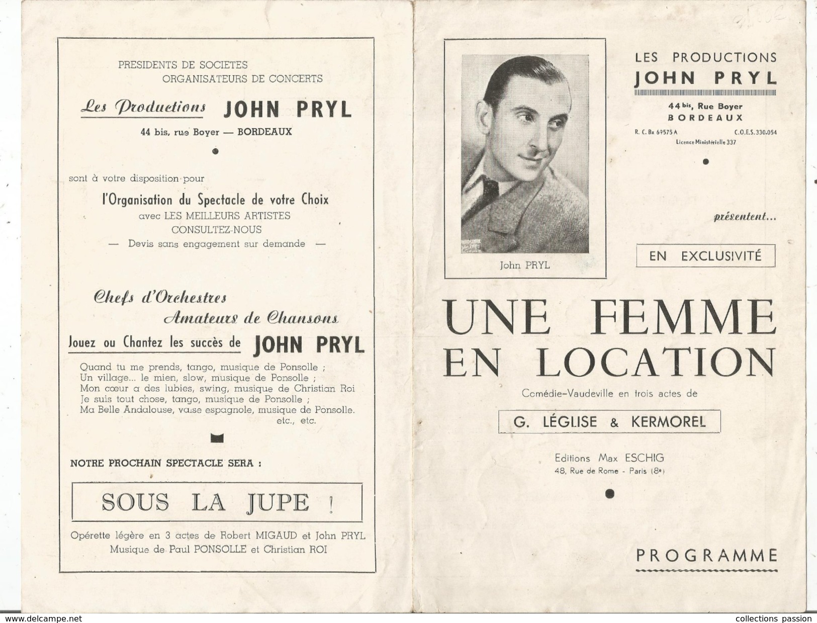 G-I-E , Programme , Comédie ,UNE FEMME EN LOCATION , Production : J. Pryl , Bordeaux , 2 Scans , Frais Fr : 1.55 &euro; - Programma's