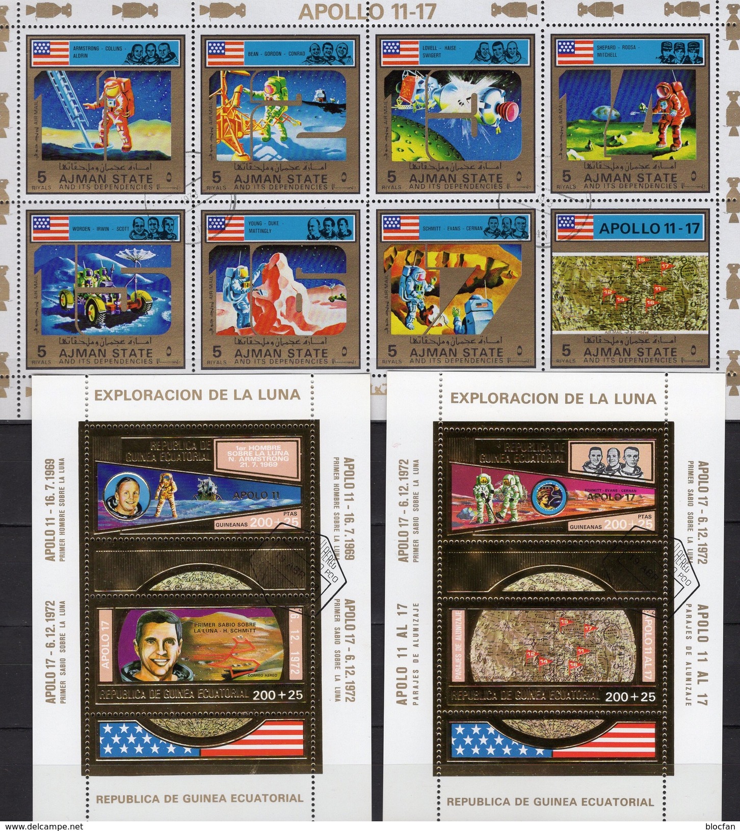 Apollo 1972 Ä.Guinee Gold Blocks 66,67+Ajman 2669/6+KB O 55&euro; Astronauten Mond-Karte Ms Blocs Ss Map Sheets Bf Space - USA