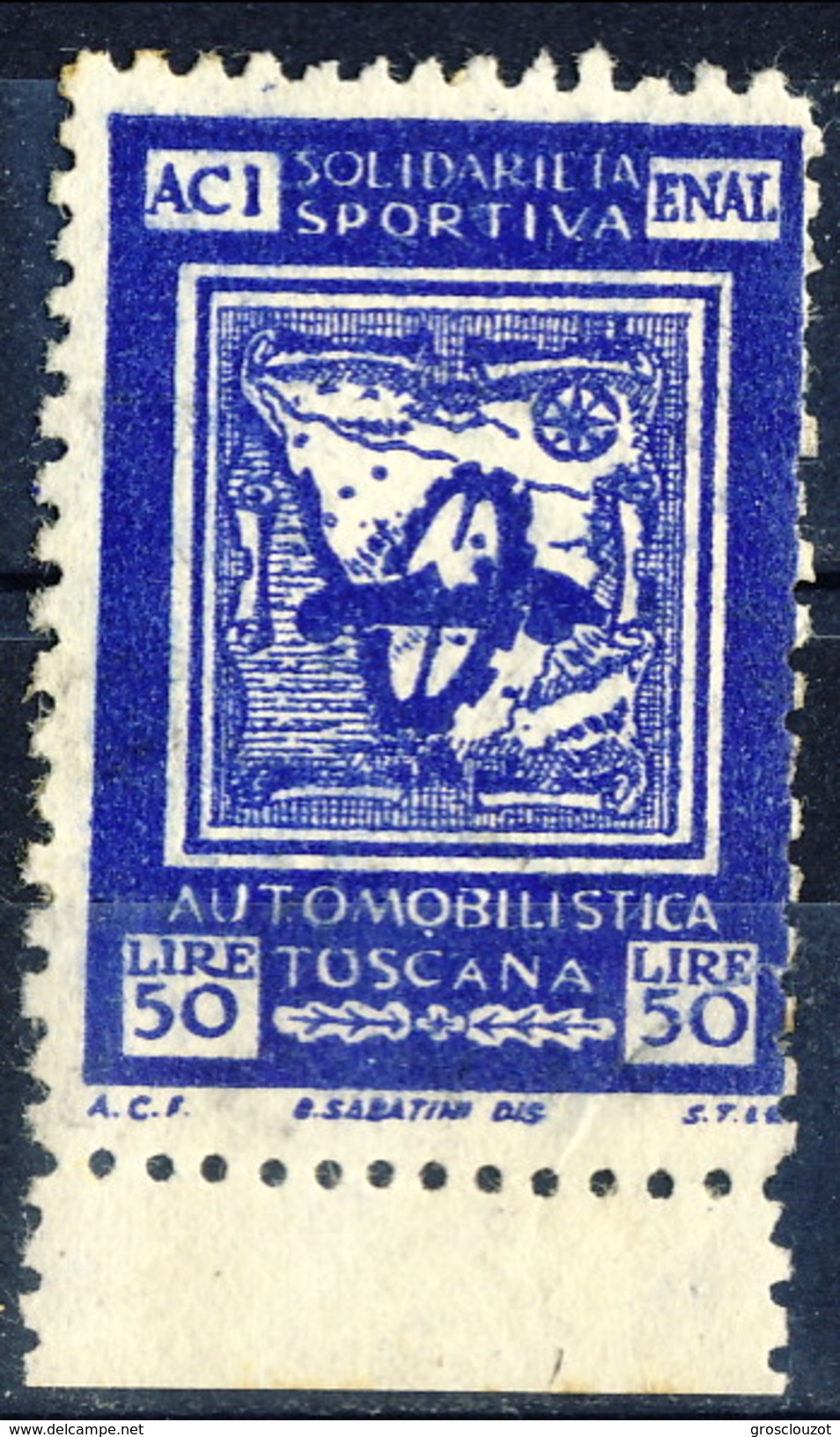 Erinnofili, Italia 1950, Aci-Enal Solidarietà Sportiva Automobilistica Toscana Lire 50 / Blu - Non Classificati