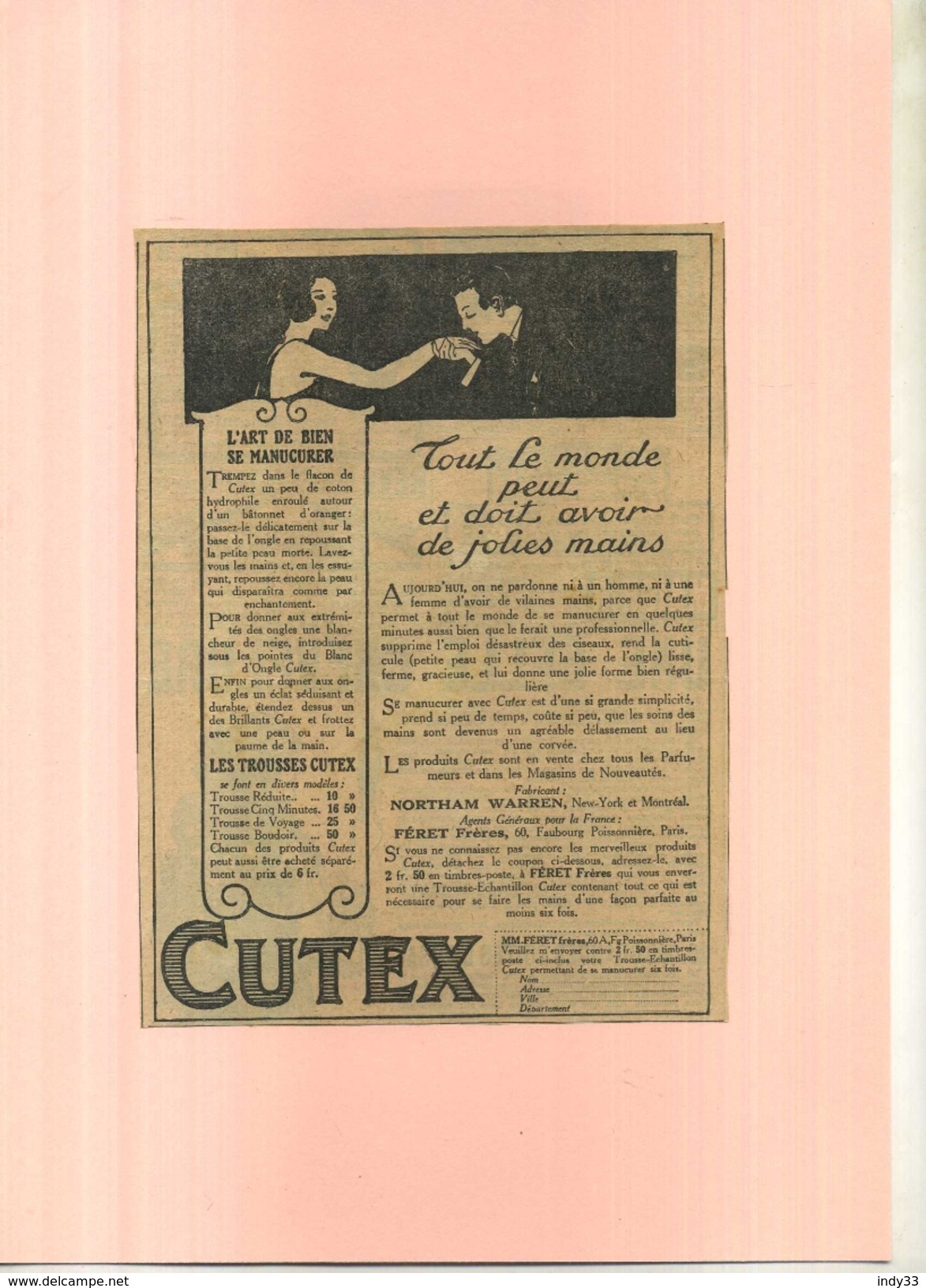 FRANCE . CUTEX  . PUB  DES ANNEES 1920 . DECOUPEE ET COLLEE SUR PAPIER . - Publicités