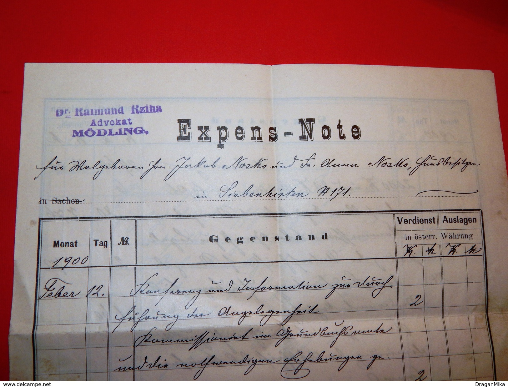 Expens - Note, Dr Raimund Rziha, Advokat, Modling, Austro Hungarian Monarchy, 1900. Years - Documents Historiques