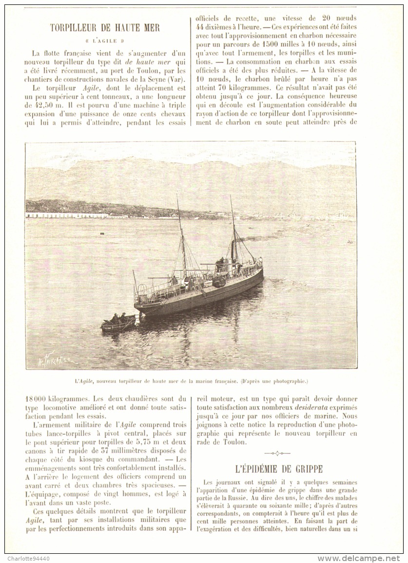 LE TORPILLEUR DE HAUTE MER  " L' AGILE "   1890 - Autres & Non Classés