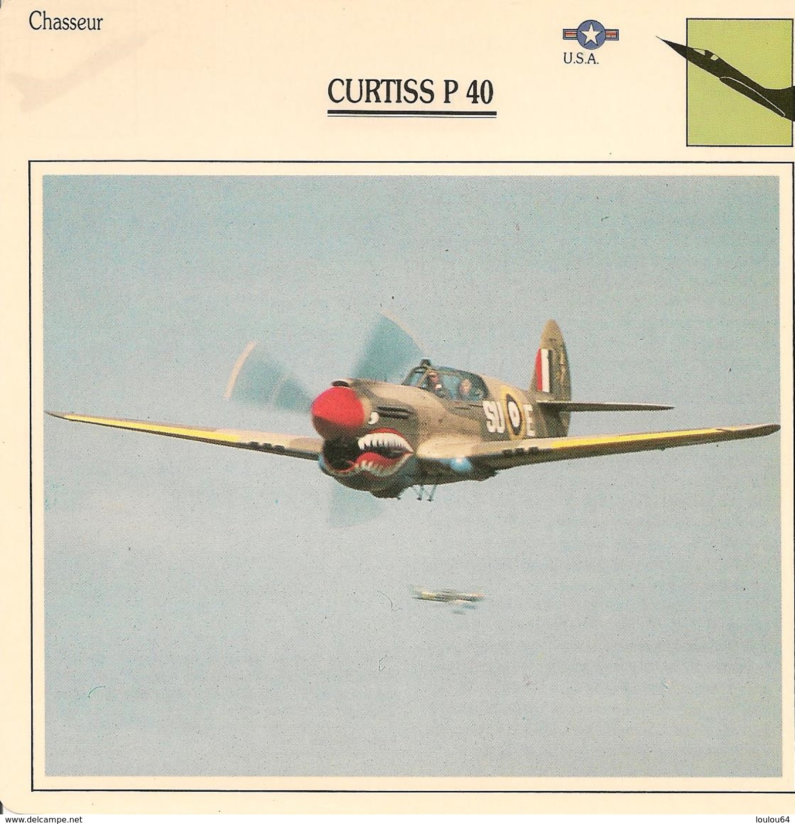 Fiches Illustrées - Caractéristiques Avions - Chasseur - CURTISS P 40 - U.S.A. - (16)  - - Aviation