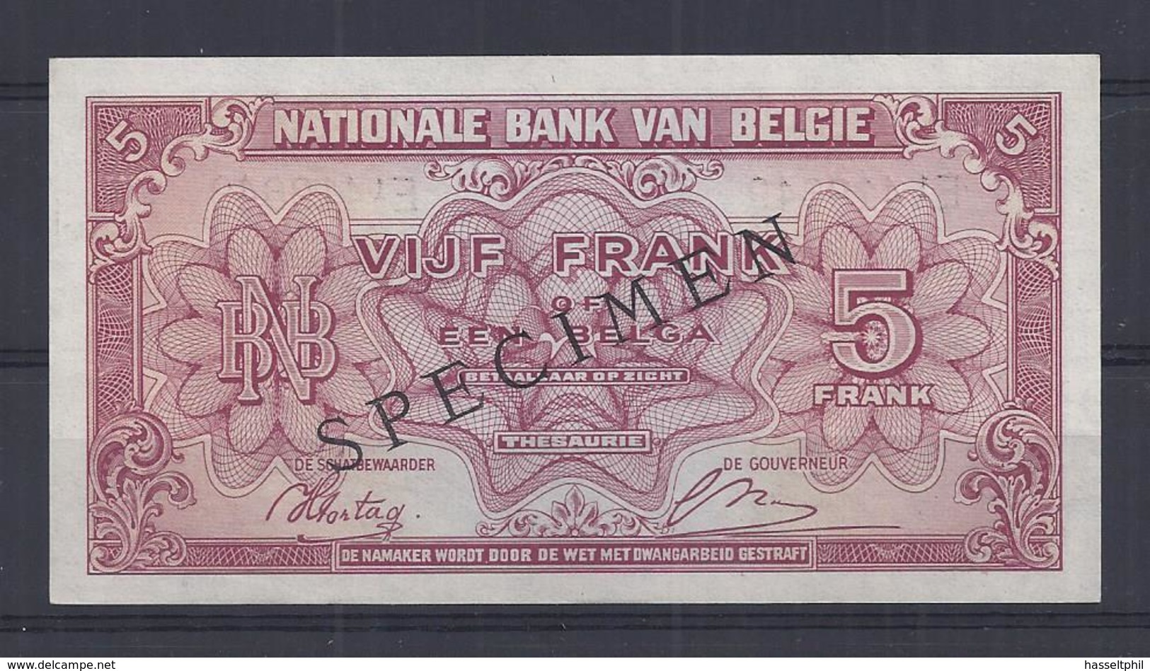 5 Frank - Francs = 1 Belga  - Type Londen  M 13  Quasi Nieuw -  Presque Neuf - Met Opdruk SPECIMEN - [ 8] Vals En Specimen