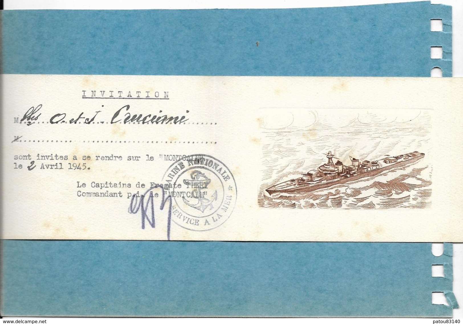 BATEAUX DE GUERRE .  INVITATION DU CAPITAINE DE FREGATE DU MONTCALM LE 2 AVRIL 1945 - Guerre