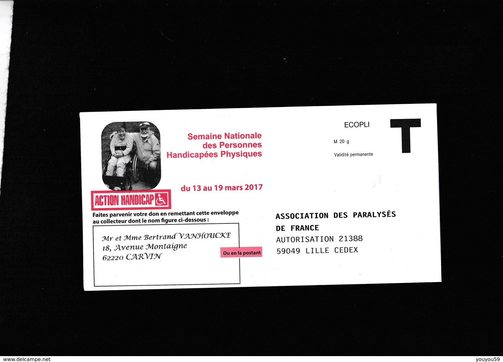 Enveloppe Réponse T - France - Ecopli - Lille Carvin - Association Des Paralysés De France - Action Handicap Auto 21388 - Buste Risposta T