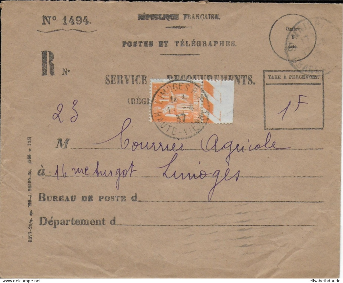 1937 - TYPE PAIX - YT N°286 (UTILISE COMME TAXE) SEUL Sur ENVELOPPE RECOUVREMENT De ST MAIGRIN => LIMOGES (HAUTE VIENNE) - 1932-39 Paz