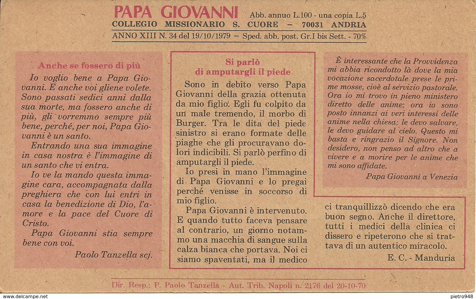 S.S. Il Pontefice Papa Giovanni XXIII, Pontifex Maximus, S.S. Pope Joannes XXIII, Collegio Missionario S. Cuore - Andria - Religion & Esotericism