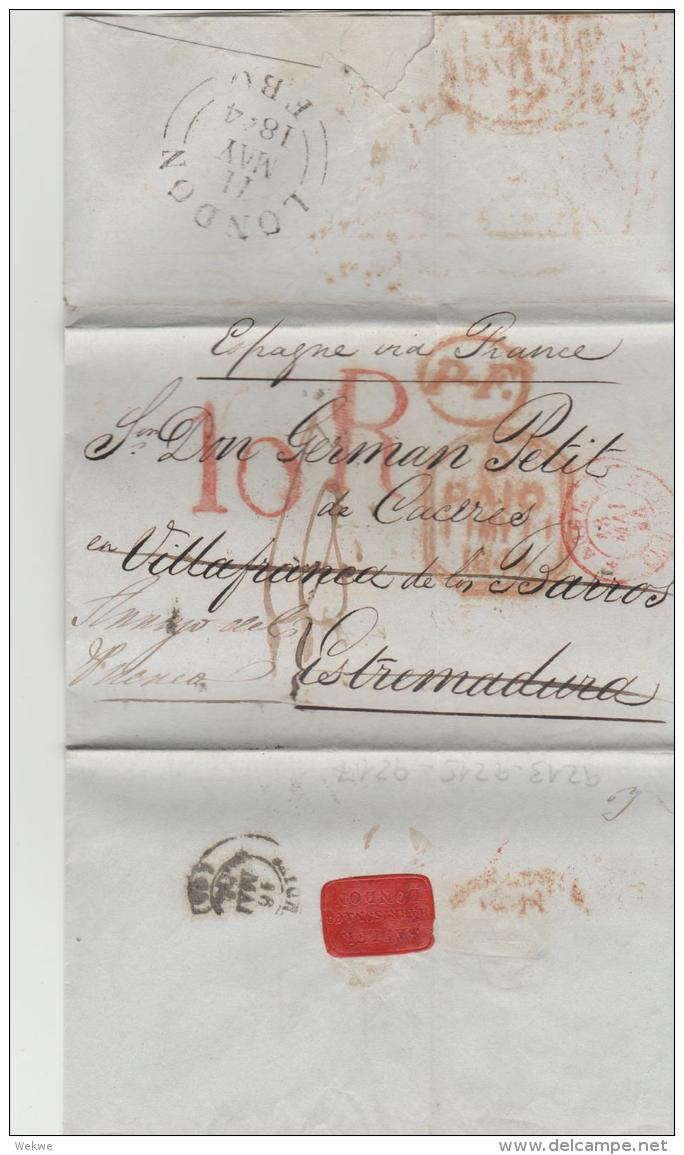 GBP095 / London, 1844 Nach Spanien (Estremadura Villafranca De Los Barros)) Mit Weiterleitung - Briefe U. Dokumente