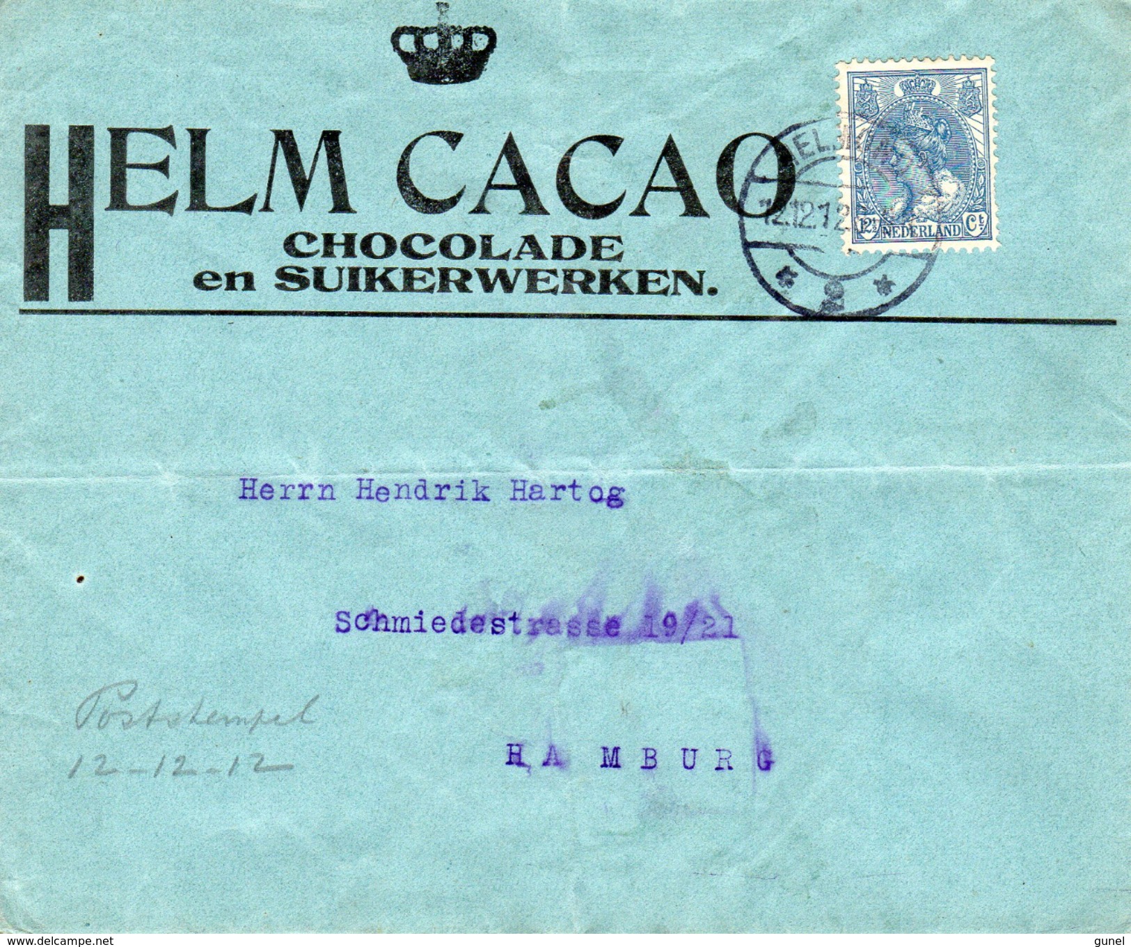 1912 Brief  Met Firmalogo Van HELMOND HELM CACAO Chocolade En Suikerfabrieken  Naar Hamburg - Marcophilie