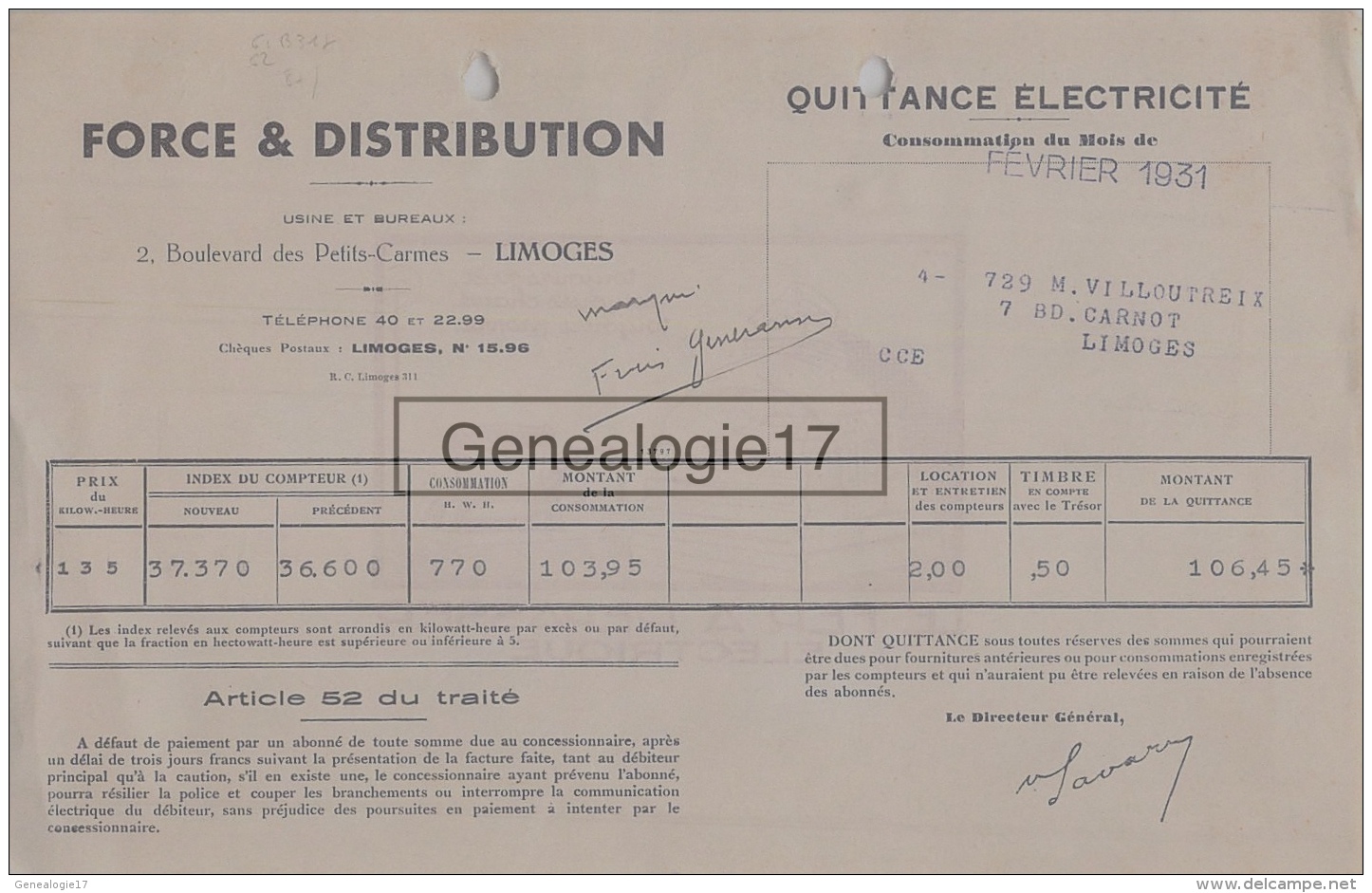 87 1272 LIMOGES HAUTE VIENNE 1931 FORCE ET DISTRIBUTION Bd Des Petits Carmes - Au Dos PUBLICITE FER A REPASSER - Electricity & Gas