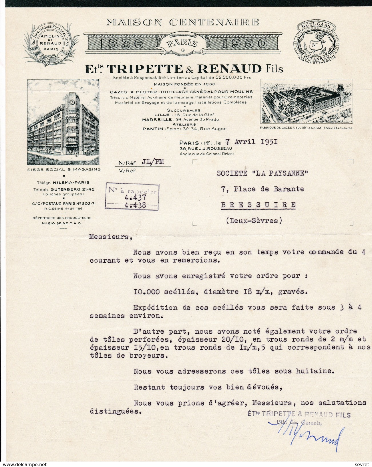 PARIS 1er Arr  - Ets Tripette Et Renaud  39 Rue J.J. Rousseau . Outillage Pour Moulin. - Alimentos