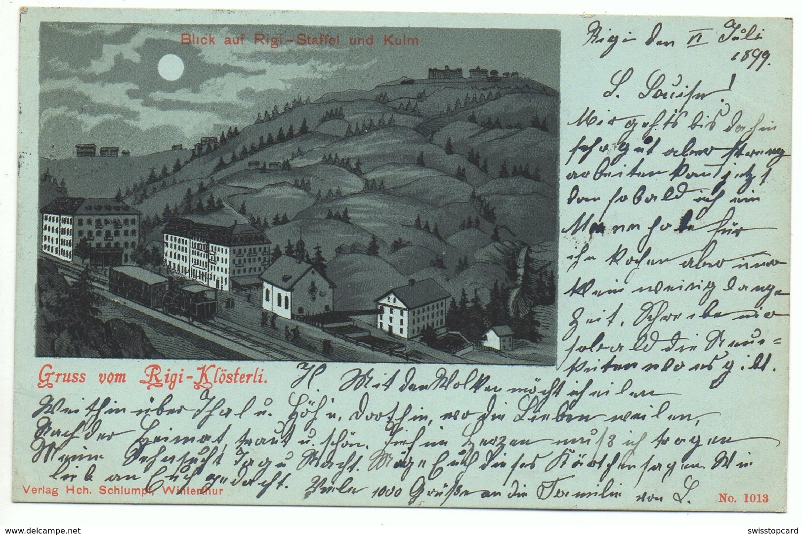 LITHO Mondschein Gruss Vom Rigi-Klösterli Rigi-Bahn Verlag Hch. Schlumpf Winterthur Gel. 1899 N. Sempach - Autres & Non Classés