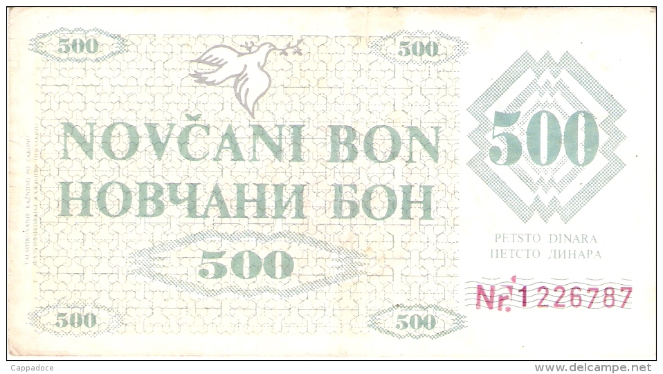 BOSNIE - HERZEGOVINE   500 Dinara   11/5/1992   (ZENICA)   P. 7g - Bosnie-Herzegovine