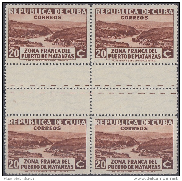 1936-276 CUBA REPUBLICA 1936 Ed. 284 20c ZONA FRANCA DE MATANZAS RIO YUMURY GUTTER PAIR NO GUM BLOCK 4. - Neufs