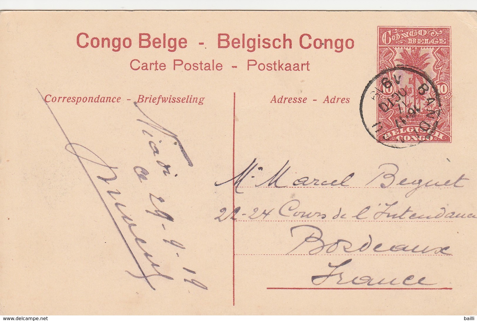 Congo Belge Entier Postal Illustré Pour La France 1919 - Entiers Postaux