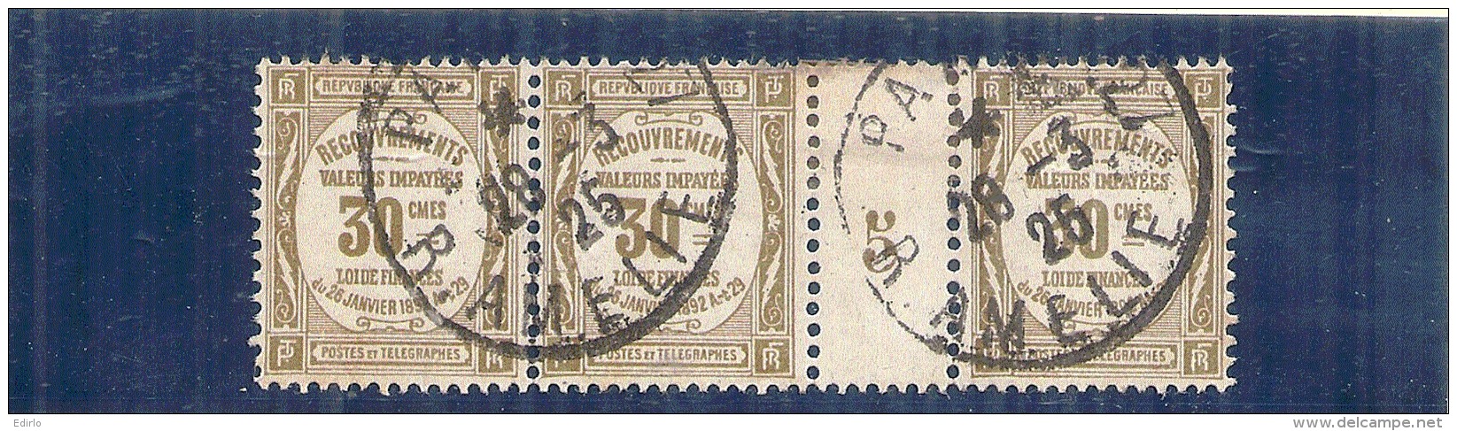France 1905 Millesime 05 Timbre Taxe N= 46 Côte Dallay 85&euro; En Oblitéré - Bande De 3 (charniere à Decoller) - Millesimes