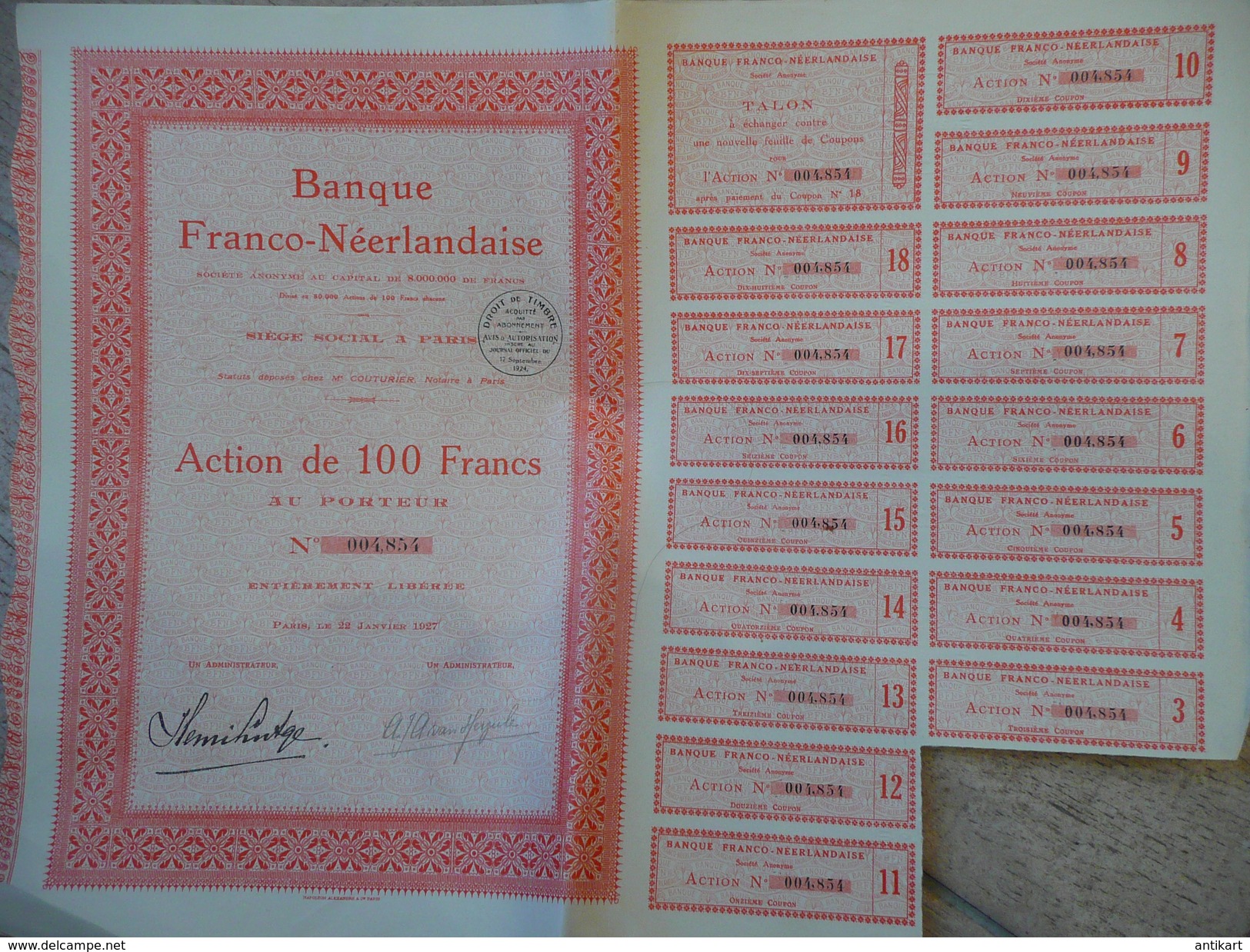 Banque Franco Néerlandaise Action De 100 F 1924 - Banque & Assurance