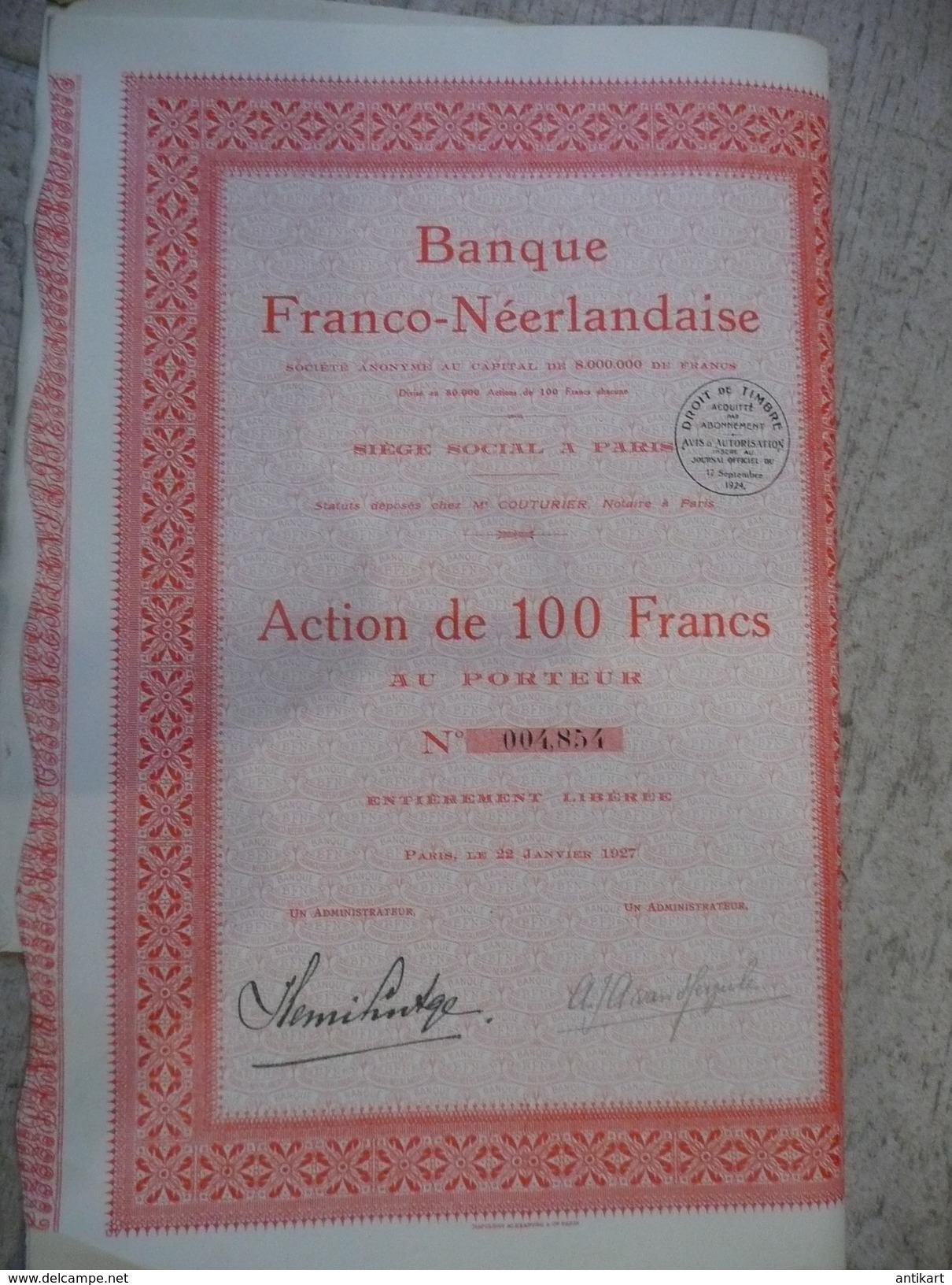 Banque Franco Néerlandaise Action De 100 F 1924 - Banque & Assurance