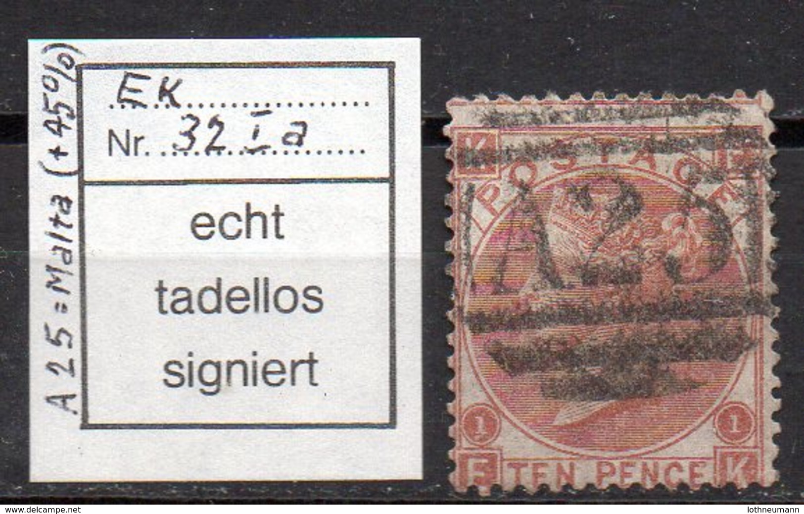 GB 1867: 10d Red-brown, Plate 1, Used In Malta (A25), No Fault Signed H.Richter, See Scan; Mi. 32 A; S.G. 112 - Gebraucht